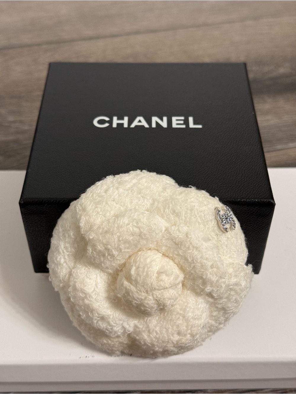 CHANEL Vintage White Fabric Crystal CC Camellia Brooch